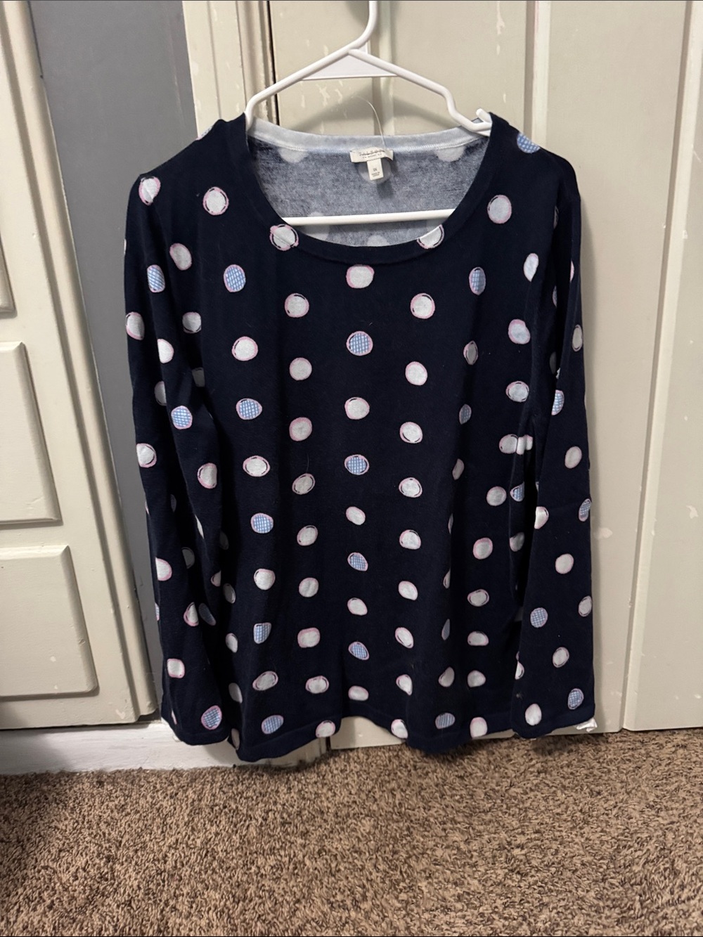 Talbots Navy Top with White and Light Pink Polka Dots
